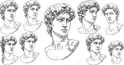 A collection of detailed sketches depicting the bust of a classical male sculpture.