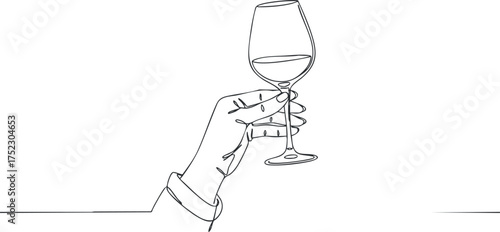 A minimalist line art illustration of a hand holding a wine glass for celebration.