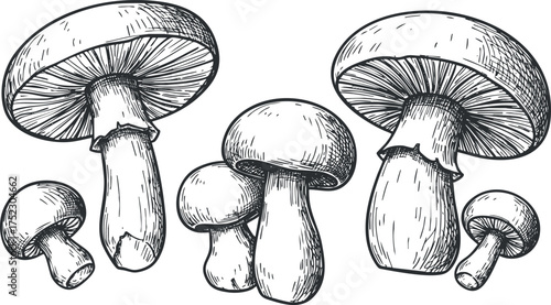 Detailed hand-drawn illustration of various mushrooms showcasing their unique shapes and features.