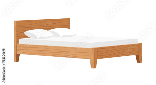 Wooden Bed with White Bedding and Pillows Isolated.