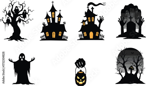 Halloween illustration set, haunted house, ghost, graveyard, spooky tree, pumpkin bucket, eerie moonlight scene, festive art, horror theme