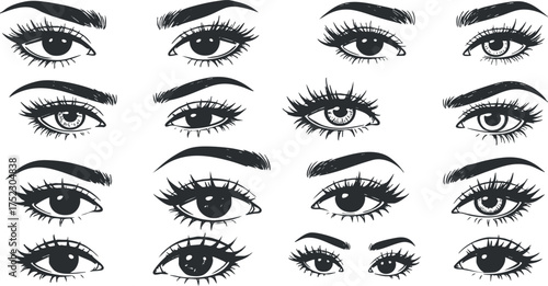 Collection of various eye illustrations showcasing different styles and expressions in black and white.