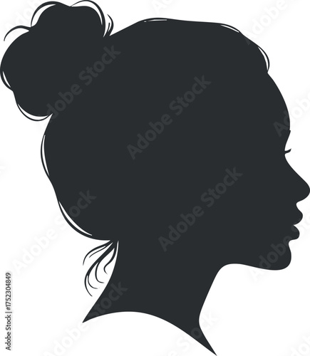 A simple and elegant silhouette of a woman's profile with a bun hairstyle.