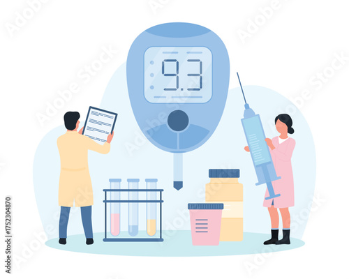 Diabetes treatment, hyperglycemia vector illustration. Cartoon tiny people control sugar blood level of patient with glucometer on medical consultation, doctor characters holding insulin syringe