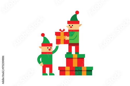 Cute elf stacking presents taller than himself for christmas celebration