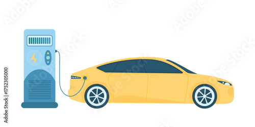 Electric car charging station, electromobility vector illustration. Cartoon isolated EV vehicle recharges battery through cable and plug, parking and city charger stand for electro automobile