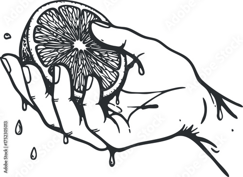 A hand squeezing a fresh orange slice, capturing juice and freshness in a black and white illustration.