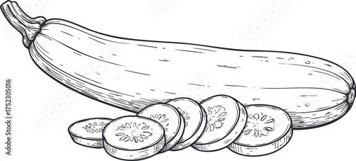 Illustration of a zucchini with slices showing its fresh and healthy nature for culinary use.
