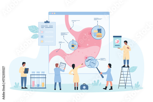 Gastritis, stomach disease vector illustration. Cartoon tiny doctors study effect of wine, fast food diet and Helicobacter pylori on gastric mucosa, warning signs on science infographic diagram