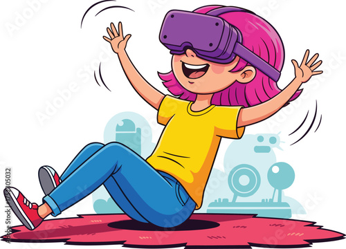 Cartoon child with VR headset, virtual reality experience, playful tech scene, red rug, joyful expression, digital icons, immersive design, colorful art