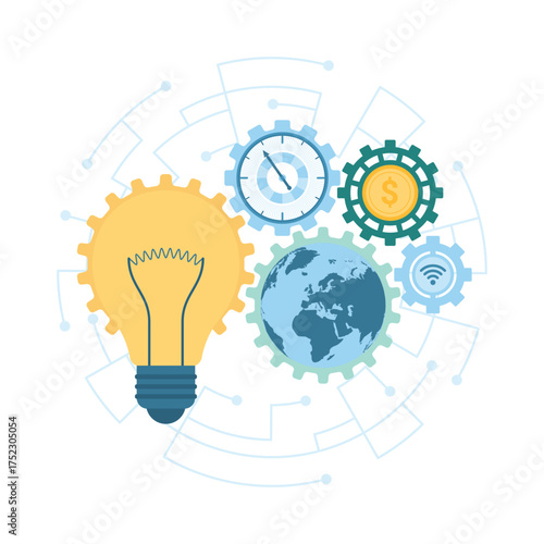 Digital creative solution, global innovation development process vector illustration. Cartoon isolated light bulb and world globe, money inside gears of abstract engine and futuristic circuit