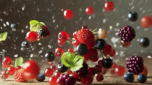 Fresh, colorful berries are captured in a dynamic, vibrant display. Juicy fruits fall and splash onto a rustic wooden table.