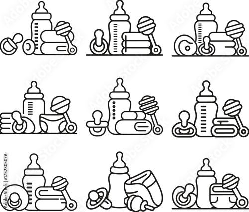 Collection of baby feeding and soothing essentials line art