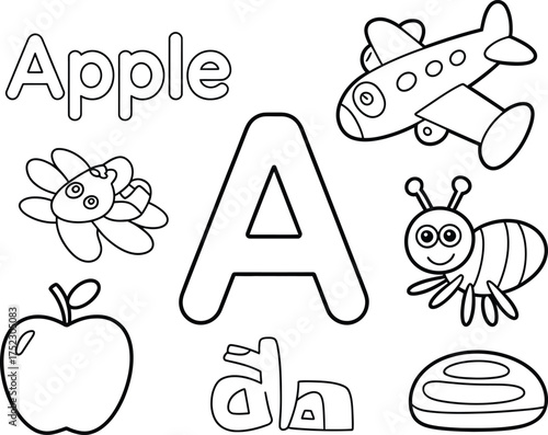 Alphabet coloring page with letter a apple airplane bee and honeycomb