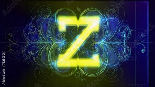 Glowing yellow letter Z stands out vibrantly. Dynamic blue and green fractal patterns surround it.