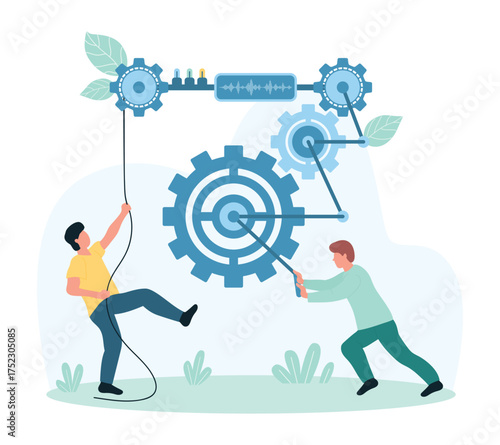 Change, improve work of digital business project vector illustration. Cartoon tiny people spin cogwheels and move gears, turning wheels for better machine operation, success teamwork cooperation