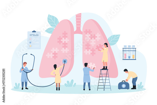 Lungs health, pulmonology vector illustration. Cartoon tiny doctors pulmonologists connect parts of puzzle jigsaw inside human lungs, people work on diagnosis of pulmonary disease with stethoscope