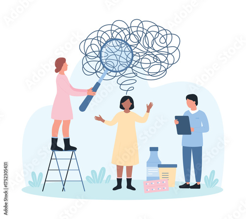 Depression treatment, mind therapy of psychology problem vector illustration. Cartoon tiny people holding magnifying glass to research tangled thread, psychotherapy session and medication cure