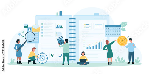 Project management and planning teamwork vector illustration. Cartoon team of tiny people working with magnifying glass, calculator and timer, laptop to plan meeting, schedule in open planner journal