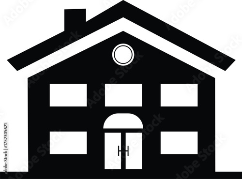 Vector art of simple black and white silhouette of a house with a chimney and windows