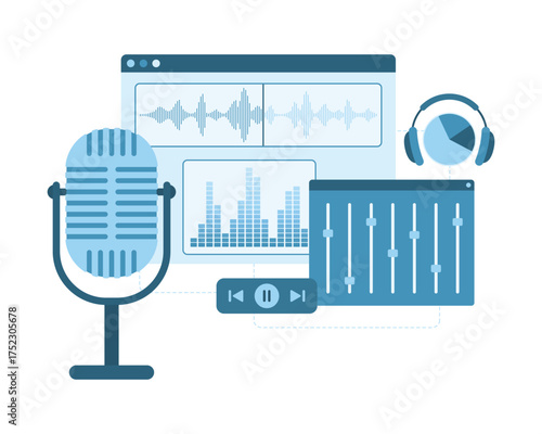 Sound editing with hardware and software, mobile apps vector illustration. Cartoon isolated microphone for audio recording, headphones, editor application to create and edit professional sound
