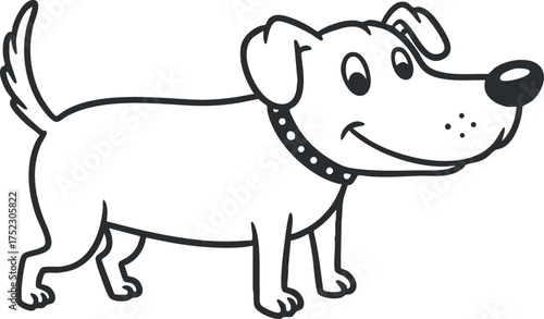 A cheerful cartoon dog with a wagging tail and a playful expression standing happily.