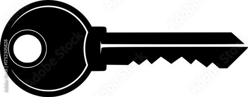 House key silhouette. This image shows a black silhouette of a house key with a simple design, featuring a jagged edge and a round handle. Vector clipart illustration design