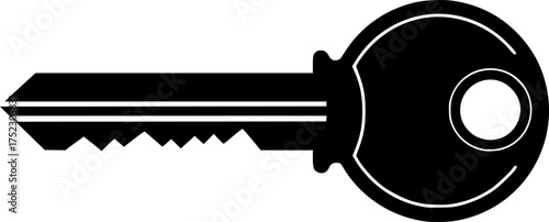 House key silhouette. This image shows a black silhouette of a house key with a simple design, featuring a jagged edge and a round handle. Vector clipart illustration design