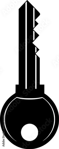 House key silhouette. This image shows a black silhouette of a house key with a simple design, featuring a jagged edge and a round handle. Vector clipart illustration design