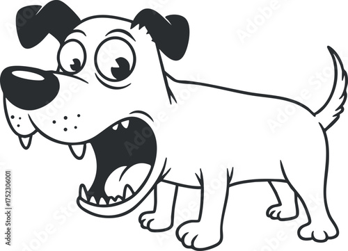 A playful cartoon dog with an open mouth, expressing excitement and humor in a black and white style.