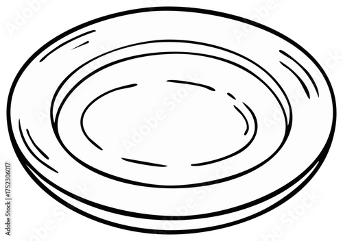 Simple hand drawn sketch of a round empty dinner plate with a rim and inner concentric circles