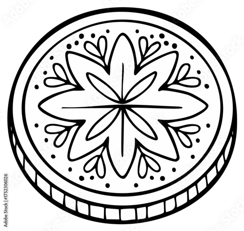 Hand drawn folk art medallion with a decorative star flower pattern black and white outline