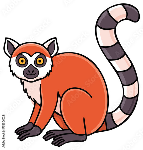 Cute cartoon red lemur illustration sitting with striped tail and big eyes looking forward