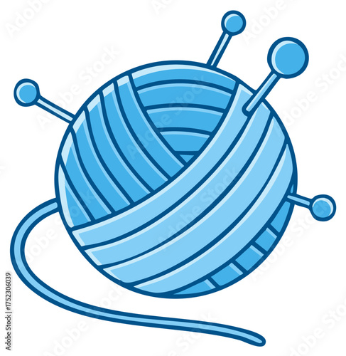 Cartoon illustration of a ball of blue yarn with knitting needles