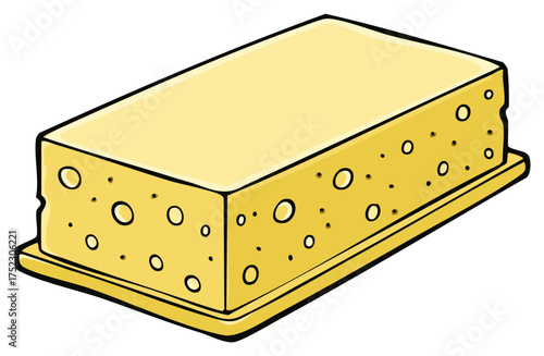 Illustration of a block of cheese with holes resting on a cheese board