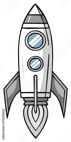 White and gray rocket graphic with portholes ready for launch