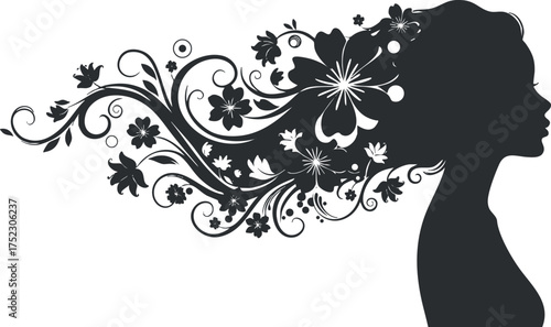 Elegant silhouette of a woman's profile with flowing floral elements and intricate designs.