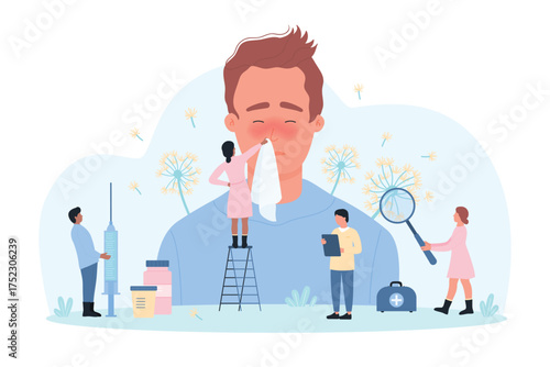 Seasonal allergy to flower pollen vector illustration. Cartoon tiny people give handkerchief to sick man with runny nose and flu, doctors with magnifying glasses examine allergens and dust in air