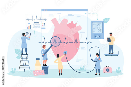 Heart health checkup in hospital, cardiology vector illustration. Cartoon tiny people holding big stethoscope and magnifying glass to check heartbeat, monitor blood pressure on electric device