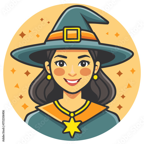 Happy witch wearing a pointy hat and star necklace smiling surrounded by sparkles