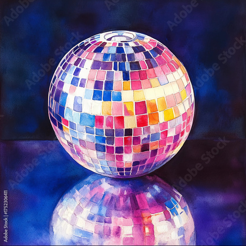 Watercolor disco ball with reflection
