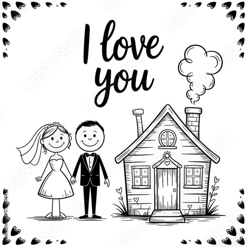 Love and Togetherness: A charming illustration capturing the essence of love and unity, with a couple standing before their cozy home, symbolizing a future filled with happiness and togetherness. 