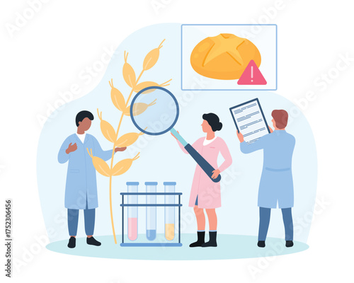 Gluten allergy vector illustration. Cartoon tiny people research natural wheat plant with magnifying glass, doctors warning against eating grain products and bread for patients with celiac disease