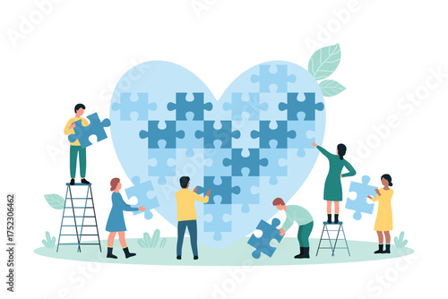 Charity project, non profit organization vector illustration. Cartoon tiny people fit puzzle into heart shape, volunteers share support and social help, donate kindness, hope and love gift together