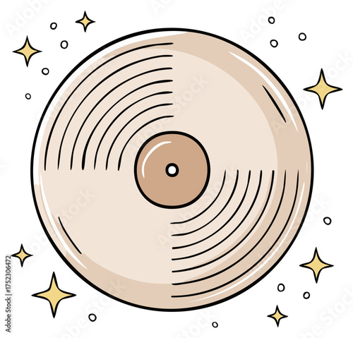 Retro vinyl record with sparkling stars and dots illustration for music enjoyment