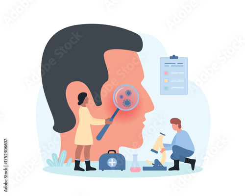 Skin microbiome research, dermatology vector illustration. Cartoon tiny people with magnifying glass, microscope check bad bacteria cells on mans face epidermis, facial microflora of dirty human skin