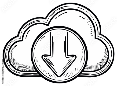 Cloud download icon hand drawn sketch in black and white