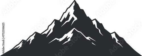 Stylized black and white silhouette of a majestic mountain peak with snow-capped summit.