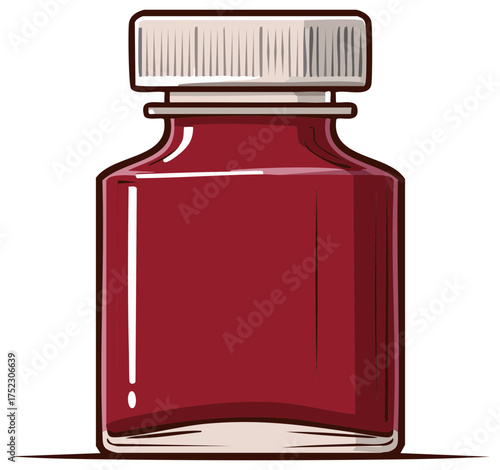 Glass jar with red liquid and threaded cap isolated on white