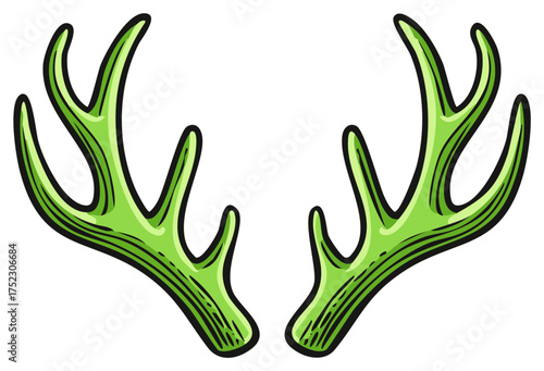 Green Cartoon Antlers with Black Outline Isolated on White